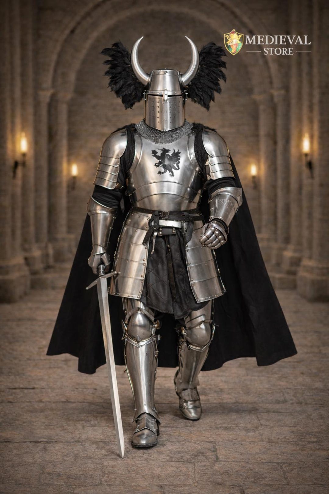 Medieval Full Plate Knight Armor With Horned Helmet – Gothic Steel Suit ...