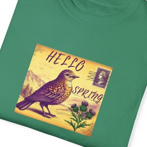 HELLO SPRING POSTCARD Vintage Style Vibe Unisex T-shirt, Nature Lovers, Casual Wear, Gift for Spring Celebrations, Eco-Friendly Style