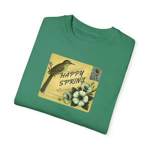 Camiseta unissex estilo CARTÃO POSTAL FELIZ PRIMAVERA, camiseta de primavera, camiseta com estampa de pássaros, vintage, camisa floral, uso casual, presente para amantes da natureza