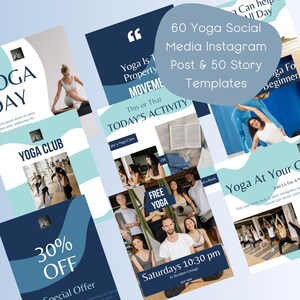 Puede incluir: Un collage de imágenes que promocionan clases de yoga. Las imágenes muestran personas en varias posturas de yoga, con superposiciones de texto como "Yoga Is The Property Of Movement", "This Or That Today's Activity", "Take A Yoga Class", "Free Yoga", "Saturdays 10:30 PM At Resident Lounge", "Yoga At Your Core", "Join Us For A New Class" y "Free your mind, body & spirit. Strengthen your muscles get better control."