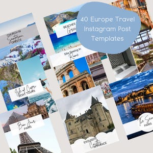 May include: A collage of images showcasing travel destinations in Europe. The images include a church in Santorini, Greece, beaches in Greece, a sightseeing tour in Rome, a boat tour in Capri, a castle in France, the Eiffel Tower in Paris, and a view of the Seine River in Paris. The text "40 Europe Travel Instagram Post Templates" is displayed in a blue box.