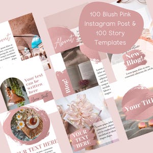 Modelos de postagens e histórias do Instagram Pink Blush Gráficos editáveis para mídia social Kit de marca editável feminino do Instagram Capas para destaques do ig