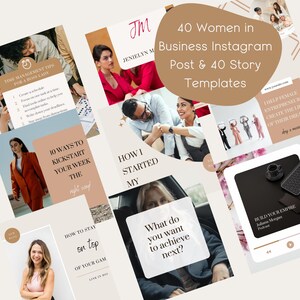 May include: A collage of images promoting Instagram templates for women in business. The images feature women in various settings, including a car, a desk, and a coffee shop. The text on the images includes phrases like "How I Started My Business", "10 Ways to Kickstart Your Week", and "What Do You Want to Achieve Next?"