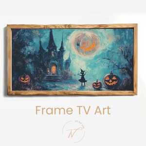 Puede incluir: Una impresión artística digital enmarcada que presenta una escena de Halloween espeluznante. La obra de arte representa un castillo embrujado, calabazas talladas y una bruja bajo la luna llena. El marco es de madera marrón claro. El texto "Frame TV Art" está en la parte inferior.