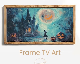 May include: A framed digital art print featuring a spooky Halloween scene. The artwork depicts a haunted castle, jack-o'-lanterns, and a witch under a full moon. The frame is made of light brown wood. The text "Frame TV Art" is at the bottom.