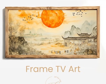 May include: A framed landscape painting with a large orange sun, traditional Asian architecture, and flying birds. The artwork is in a wooden frame and features the text "Frame TV Art".