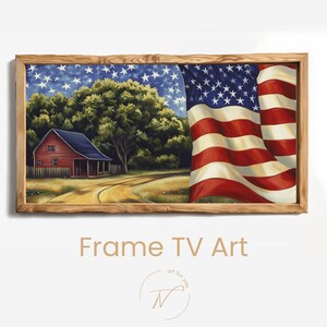 Rustic American Flag Farmhouse TV Art – Digital Download | Patriotic Country Landscape for Samsung Frame TV | Rural Red Barn Wall Decor