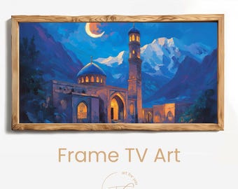 Eid Mubarak TV Frame Art | Islamic Mosque Night Landscape with Crescent Moon | Digital Wall Art for Ramadan & Eid Decor | Ramadan Eid Art