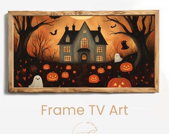May include: A framed Halloween-themed artwork featuring a spooky house, pumpkins, ghosts, and bats against an orange sky. The artwork is set in a wooden frame. The text "Frame TV Art" is at the bottom.