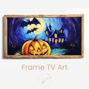 Könnte beinhalten: Ein rechteckiger Holzrahmen mit einem digitalen Gemälde einer Halloween-Szene. Das Kunstwerk zeigt einen großen orangefarbenen Kürbis im Vordergrund, ein dunkelblaues Spukhaus mit leuchtend gelben Fenstern und zwei schwarze Fledermäuse vor dem Vollmond.