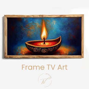 Puede incluir: Impresión artística digital enmarcada que presenta una pintura estilizada de una vela encendida en un recipiente decorativo en forma de barco. La obra de arte tiene un fondo azul y naranja con el texto "Frame TV Art". El marco es de madera clara.