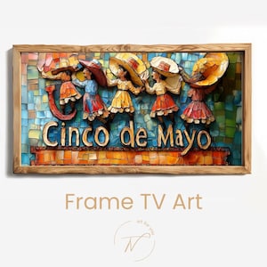 Arte para marco de TV “Cinco de Mayo” – Mosaico colorido con bailarinas mexicanas, decoración única para sala o cocina
