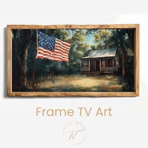 Rustic American Flag Cabin TV Frame Art | Digital Download | Vintage Patriotic Country Decor | 4th of July USA Wall Art