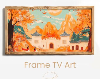 May include: A framed landscape painting depicting an Asian architectural scene with orange mountains, trees, and a light blue sky. The artwork is in a wooden frame and includes the text "Frame TV Art".