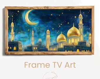 Magical Eid Night TV Frame Art with Crescent Moon & Golden Mosque |Islamic Digital Download Wall Art for Modern Living Room |Islamic Eid Art