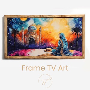 Puede incluir: Pintura a la acuarela de una mezquita con cúpula azul y minaretes, sobre un cielo vibrante al atardecer. Una figura con atuendo azul está sentada en primer plano. La obra está enmarcada en un marco de madera clara. El texto "Frame TV Art" está en la parte inferior.