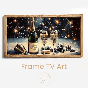 Könnte beinhalten: Gerahmter digitaler Kunstdruck, der eine Silvesterfeier zeigt. Eine Champagnerflasche mit "HAPPY NEW YEAR 2026" steht neben zwei Sektgläsern. Der Hintergrund zeigt Feuerwerk und Schnee. Der Rahmen ist aus Holz.