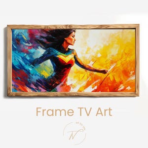 Könnte beinhalten: Gerahmtes Kunstwerk mit einer abstrakten Malerei einer Frau in Bewegung. Das Kunstwerk verwendet kräftige Pinselstriche in Blau, Rot, Gelb und Orange. Unter dem Kunstwerk steht der Text "Frame TV Art".