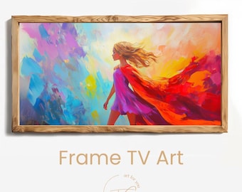 Arte digital para TV Samsung The Frame | Niña con capa roja | Arte abstracto colorido y femenino | Descarga instantánea JPG 4K