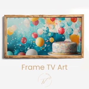 Könnte beinhalten: Gerahmter digitaler Kunstdruck mit einem Geburtstagskuchen mit bunten Streuseln, vor dem Hintergrund schwebender Ballons in Rot, Gelb, Blau und Weiß. Das Kunstwerk hat einen hellblauen Hintergrund und einen Holzrahmen.