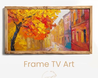 Herfstachtig tv-frame kunstwerk – Kleurrijk oud stadje met boom in levendige herfstbladeren | Olieverfschilderijstijl | Digitaal kunstwerk voor Samsung Frame TV