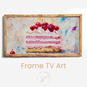 Puede incluir: Pintura enmarcada de una porción de pastel con capas rosas, glaseado blanco y cerezas rojas. La obra de arte tiene un estilo texturizado e impresionista con un fondo claro y un marco de madera. El texto "Frame TV Art" está en la parte inferior.