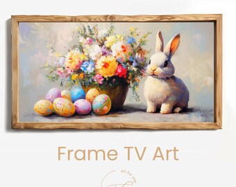 Frühlingshafte TV Frame Art mit Hase, Osterdeko und Blumenstrauß – Premium Digitale Wandkunst für Samsung The Frame TV | Sofortdownload