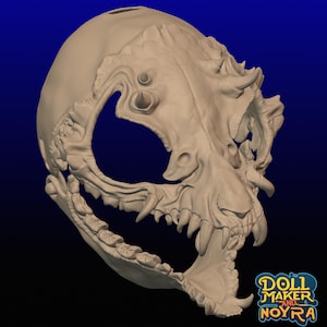 May include: A detailed 3D printed model of a skull with a large open jaw, revealing rows of teeth. The skull has a textured surface and intricate details, including a small hole at the top.