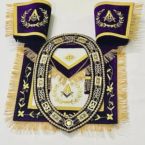 Masonic Grand Lodge Master Mason Lambskin Apron + Chain Collar + Gauntlets