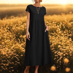 Loose Cotton Linen Sleeveless Women&#39;s Dress – Pure Color, Floor-Length Gown with Pockets | Mazma Fashion