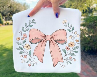Coquette Floral Bow PNG, Feminine Ribbon Clipart, Pastel Botanical Design (Digital Download)
