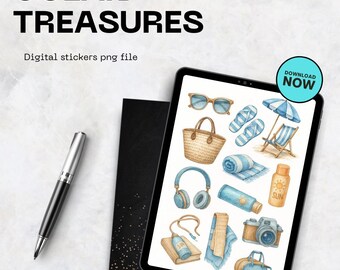 Watercolor Ocean Clipart Set: Summer Travel Stickers (Digital Download)