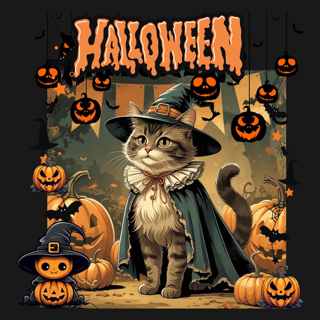 Vintage Halloween Cat Clipart – Witch Costume Pumpkin Decor PNG, Cute ...
