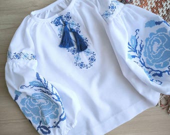 Embroidered Cotton Blouse | Ukrainian Vyshyvanka Shirt, Blue Floral