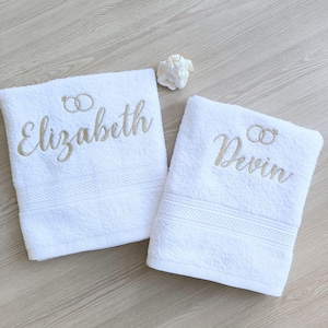 Personalized Wedding Towel Set | Custom Name Towels with Rings Embroidery | Anniversary Gift | His and Hers Cotton Towels