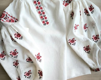 Embroidered Linen Ukrainian Blouse | Red Rose Vyshyvanka Folk Shirt