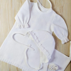 Linen Christening Gown Set | Traditional Baptism Outfit | Classic Long Shirt & Bonnet | 100% Pure Linen | Personalized Baptism Gift