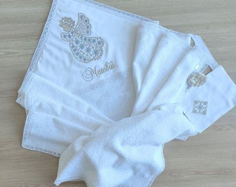Personalized Baptism Towel: Embroidered Angel, Terry Kryzhma, Lock of Hair Pouch