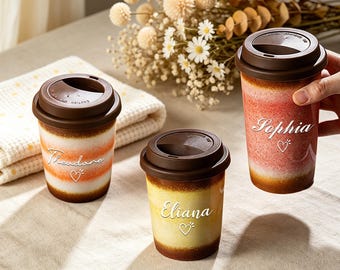 Personalized Ceramic Travel Mug With Silicone Lid, Retro mug with name, Gift For Coffee Lover, Portable Tea Cup