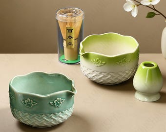 Japanese Floral Ceramic Matcha Bowl Set, Handmade Chawan Bowl, Japanese Gift Set, Hand-Glazed Chawan with Chasen Holder, Birthday Gift