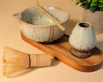 Retro Kiln-fired Lotus-shaped Matcha, Ceramic Matcha Bowl Set with Spout, Bamboo Whisk and Chasen, Japanese Tea Ceremony Starter Gift