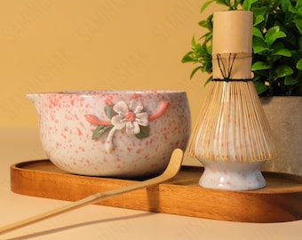 Handmade Ceramic flowers Blossom Matcha Tea, Exquisite small Cherry matcha bowl, Artistic Ceramic Tea, Artisan Tea Tools for Home or Gift