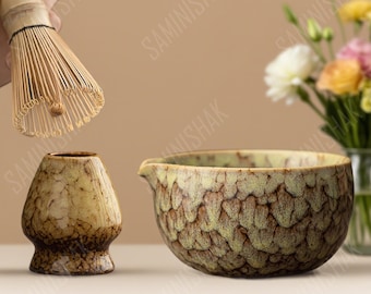 Handmade Color Kiln Matcha Bowl Set of 4, Chasen Holder Unique Matcha Whisk Set 500ml, Gift Set for Her Gift Ideas