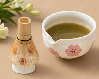 Handmade Cherry Blossom Ceramic Matcha Bowl Set, Bamboo Whisk and Chasen Holder, Beige Matcha Gift Set 450ml, Gift Set for Matcha Lovers