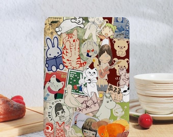 May include: A rectangular decorative panel featuring a collage of cartoon characters, stamps, and illustrations. The design includes cats, rabbits, bears, and other figures in various colors. The panel is mounted on a wooden base.