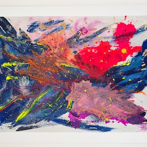 Akryl på duk - Abstrakt konst - Leende ansikte i neonglitter och bladguld med stänk av färg och fin texturpasta, original 70x100