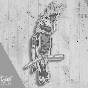 Puede incluir: Archivo digital en blanco y negro de un cacatúa con una cresta en la cabeza. El pájaro está posado en una rama. El archivo es para corte por láser.