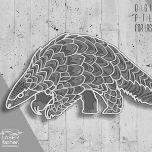 May include: A layered grayscale pangolin design, suitable for laser cutting. The image features the text "DIGITAL FILES FOR LASER CUT" and file type abbreviations: SVG, CDR, DXF, AI, EPS, and DWG. The Laser Father logo is also present.