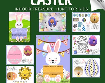 Könnte beinhalten: Eine Sammlung von Oster-Vorlagen für eine Indoor-Schatzsuche für Kinder. Das Design umfasst einen Hasen, Ostereier und den Text "Easter Indoor Treasure Hunt for Kids". Sofortiger Download verfügbar.