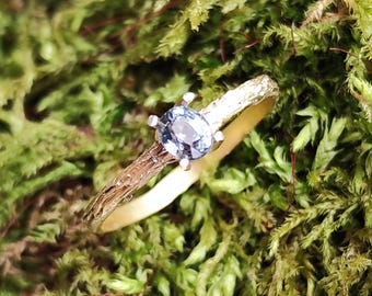 Natural Bluish Green Sapphire Gold Ring: Vintage Twig Engagement Ring